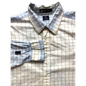 Sean John Shirt Adult 2XL XXL Blue Taupe Plaid Button Up Embroidered Casual Mens